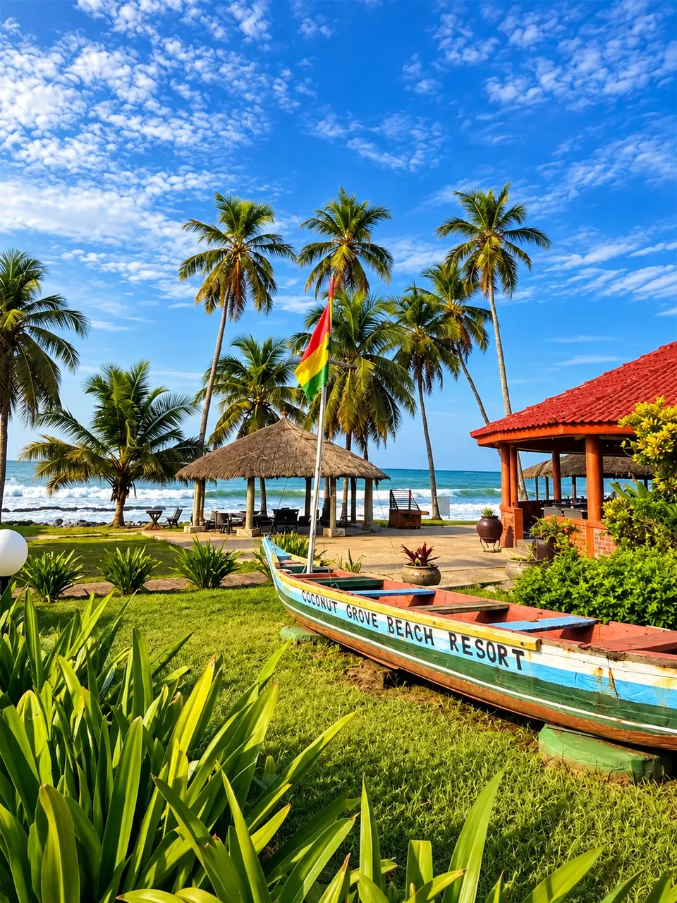 Ocean and palm trees at Coconut Grove Beach Resort, with its branded boat