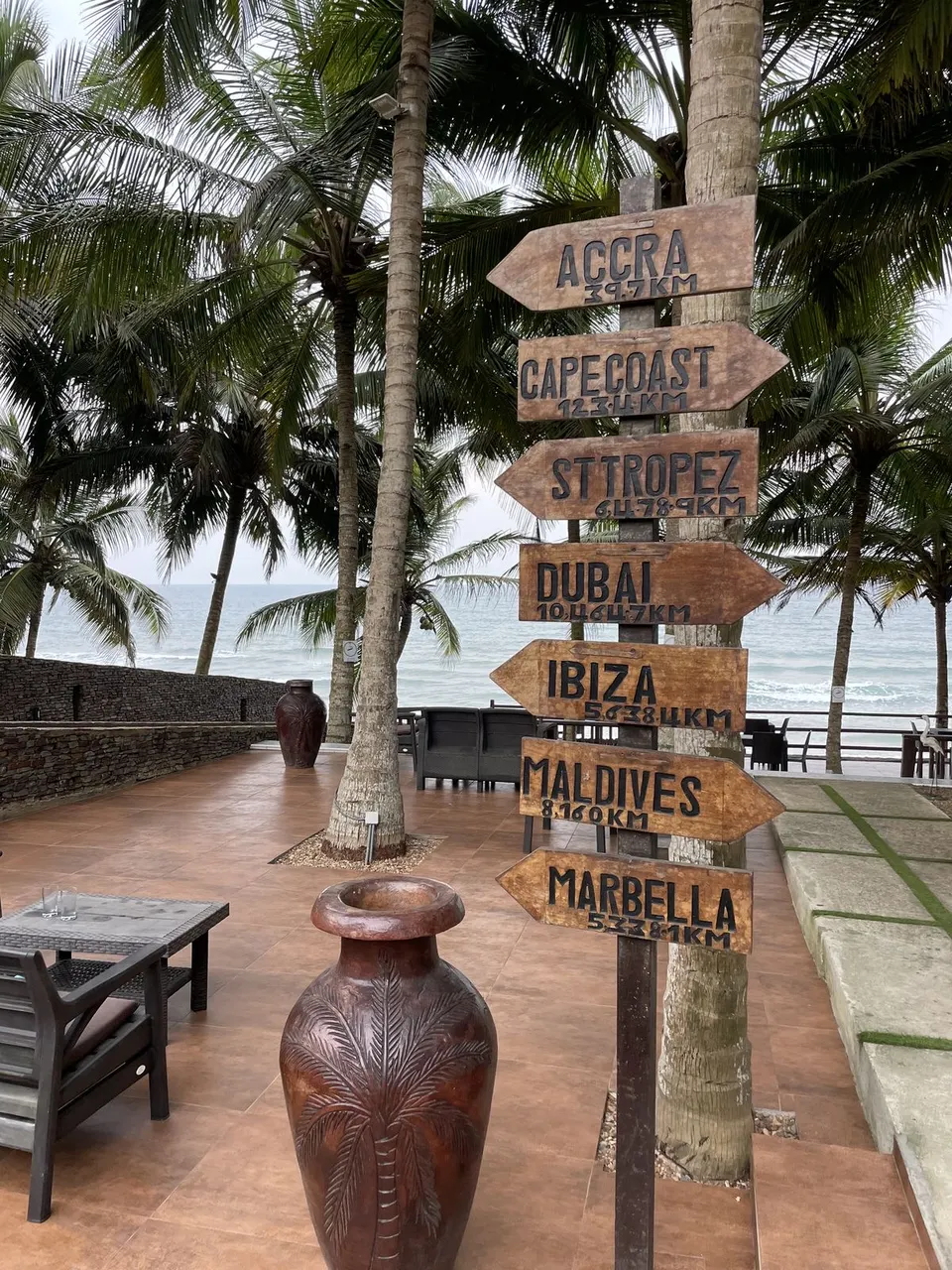 Decorative signpost beside palms and ocean at other resort premises